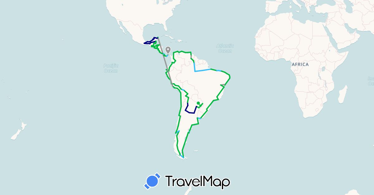 TravelMap itinerary: driving, bus, plane, hiking, boat in Paraguay (South America)